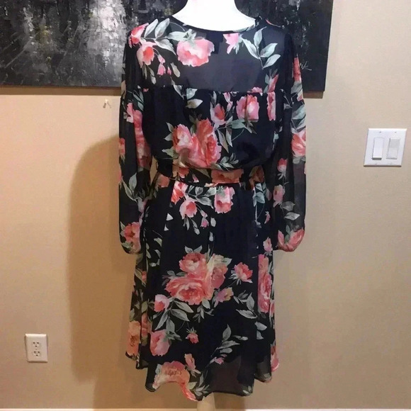 Kate and Lily Long Sleeve Blue and Pink Floral Midi A-Line Dress-Size 12 - Picture 3 of 12